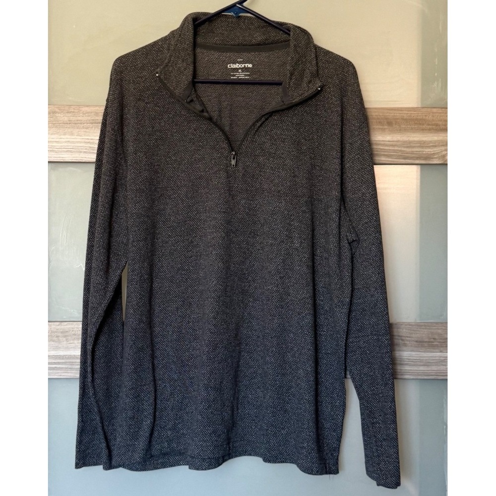 Claiborne Mens Quarter Zip Pullover Sweater Charcoal Gray Heather Mock Neck XL